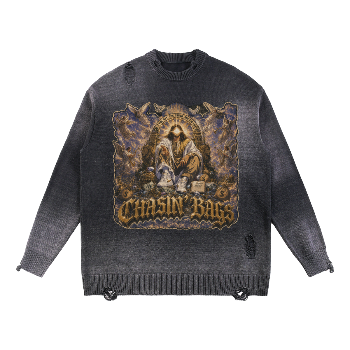 JESUS Sun Fade Distressed Ripped Crewneck sweater