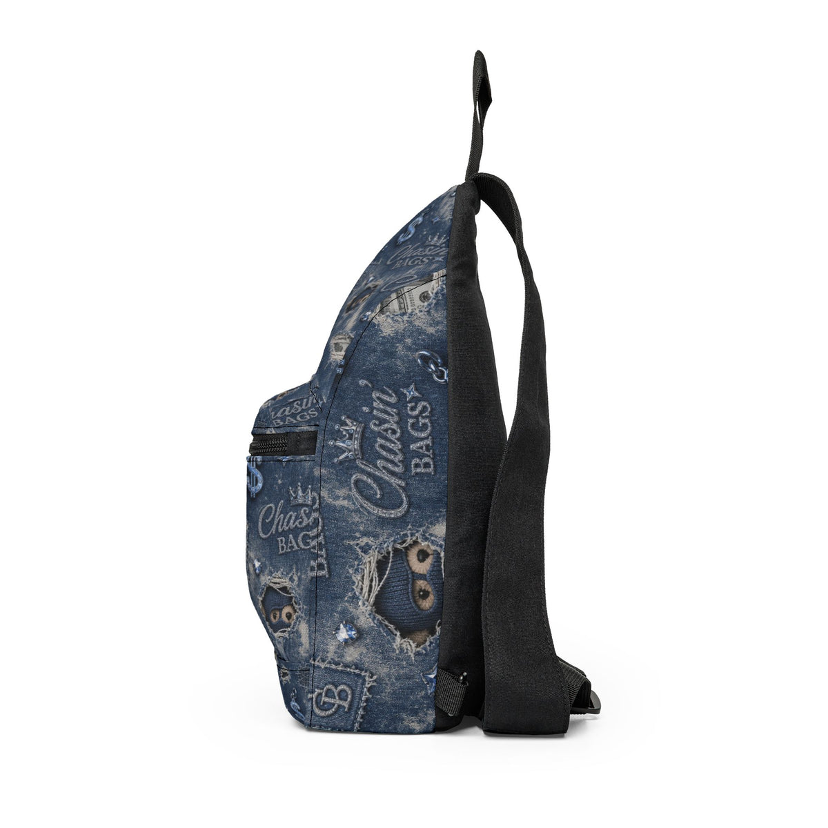 Denim Blue Graphic Sling Bag - 'Chasin' Bags' PEEKABOO Pattern