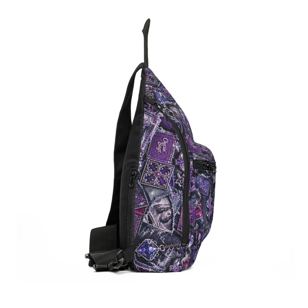 Purple Gothic Collage Sling Bag — Skull & Crystal Pattern Crossbody