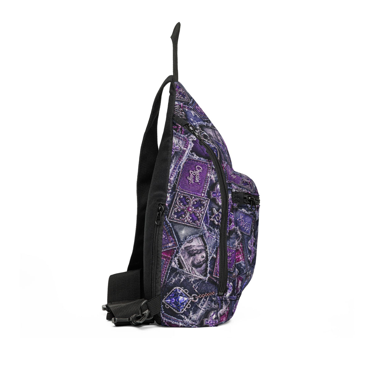 Purple Gothic Collage Sling Bag — Skull & Crystal Pattern Crossbody