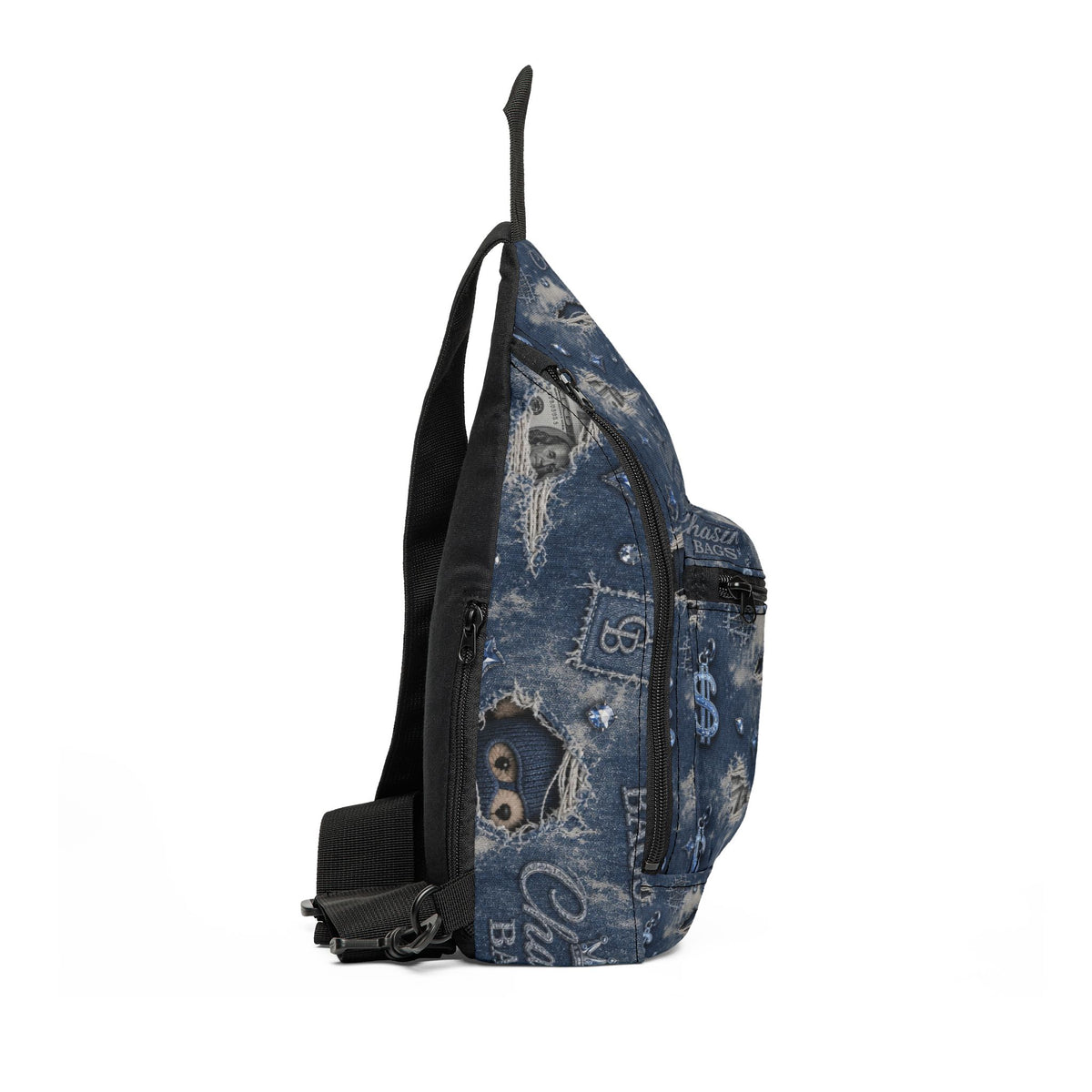 Denim Blue Graphic Sling Bag - 'Chasin' Bags' PEEKABOO Pattern