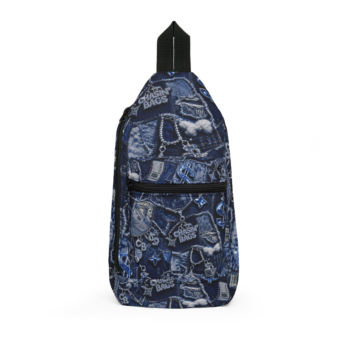 Denim Patchwork Sling Bag — Blue Urban Crossbody with Graphic Icons