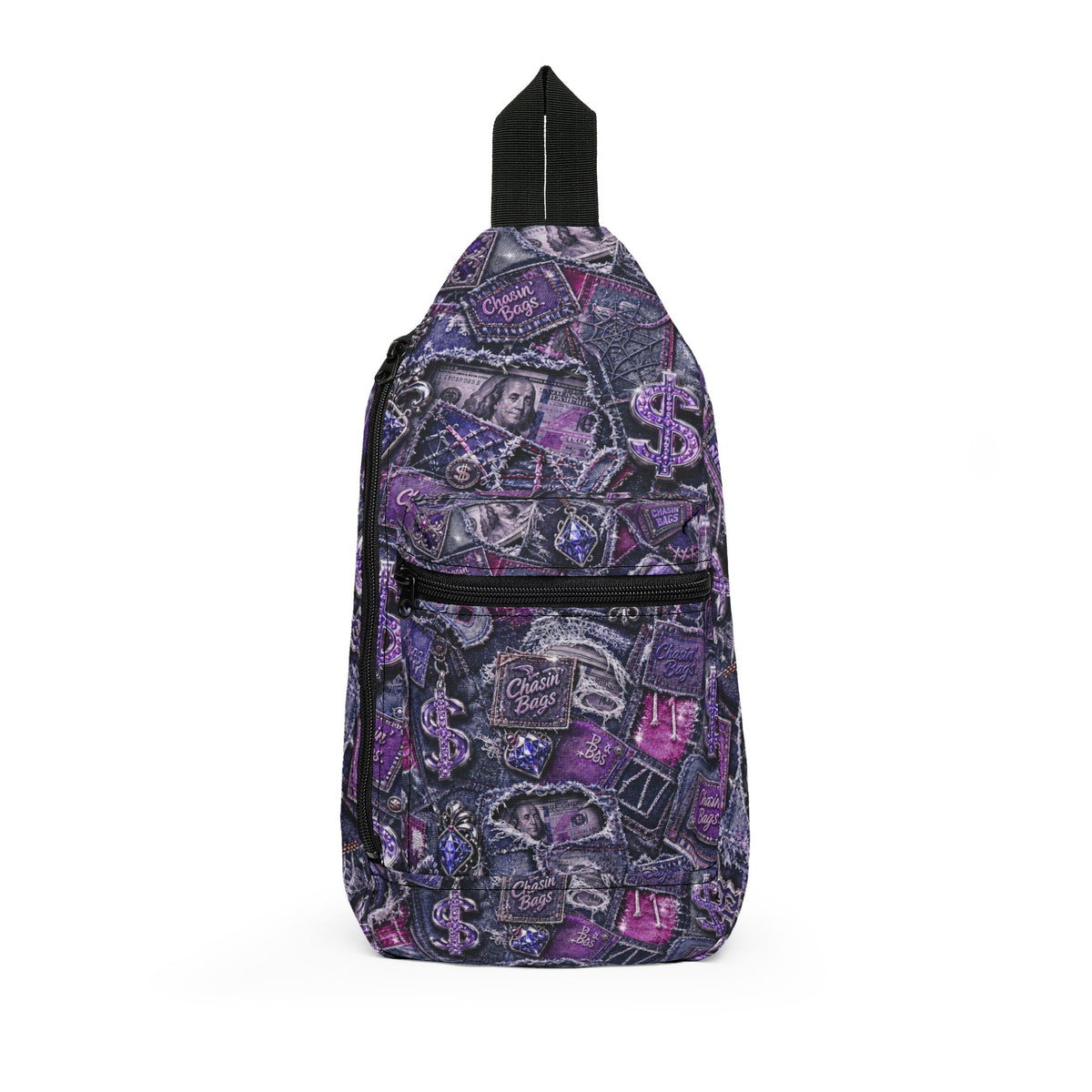 Purple Gothic Collage Sling Bag — Skull & Crystal Pattern Crossbody
