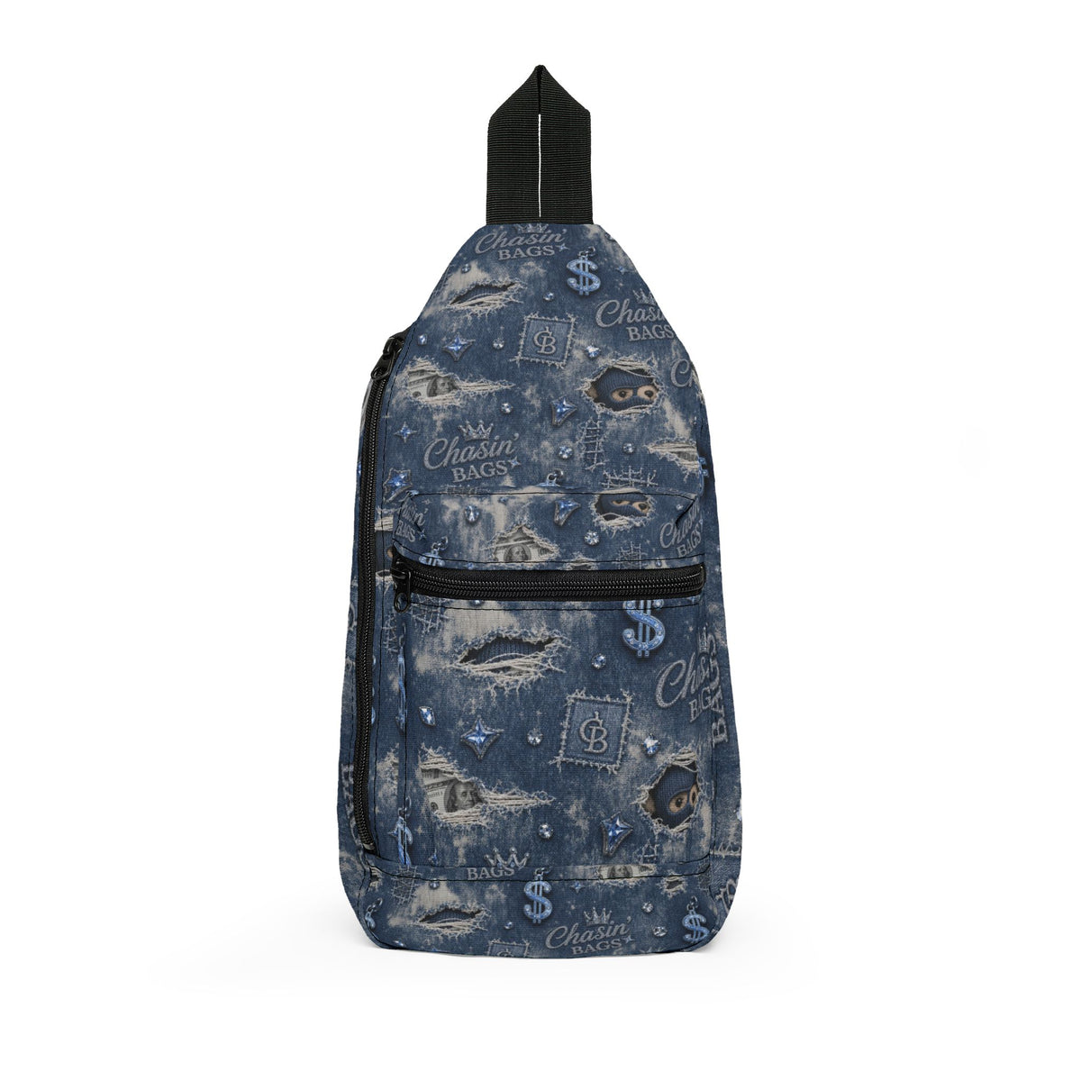 Denim Blue Graphic Sling Bag - 'Chasin' Bags' PEEKABOO Pattern