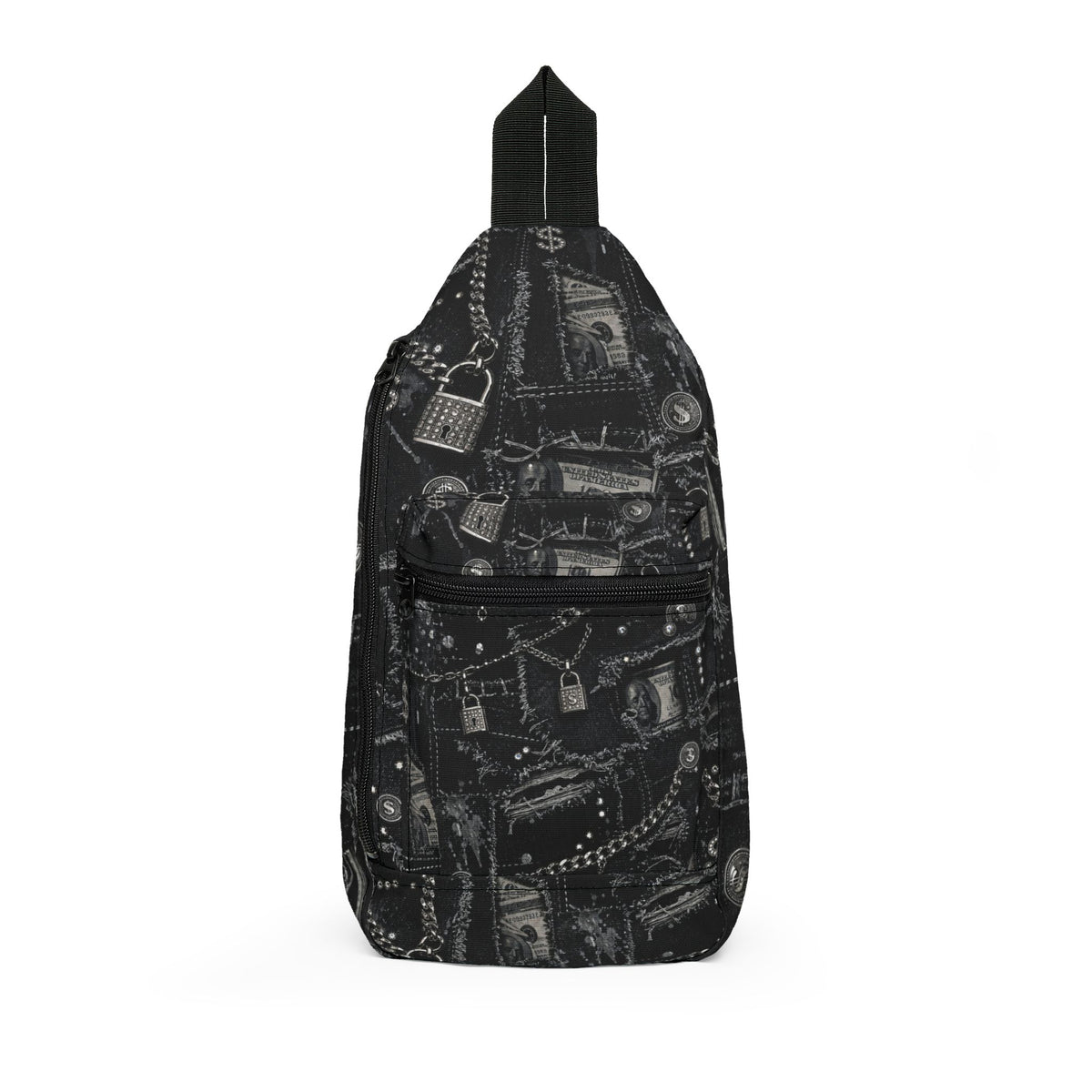 Black Grunge Accessories Sling Bag — Vintage Locks & Chains Crossbody Pack