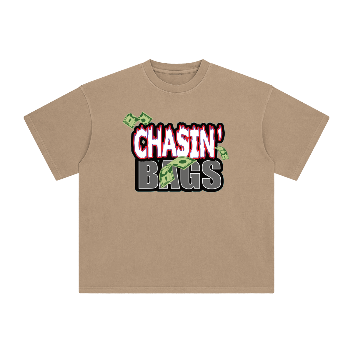 White and grey flame icon on Enzyme Washed T-Shirt