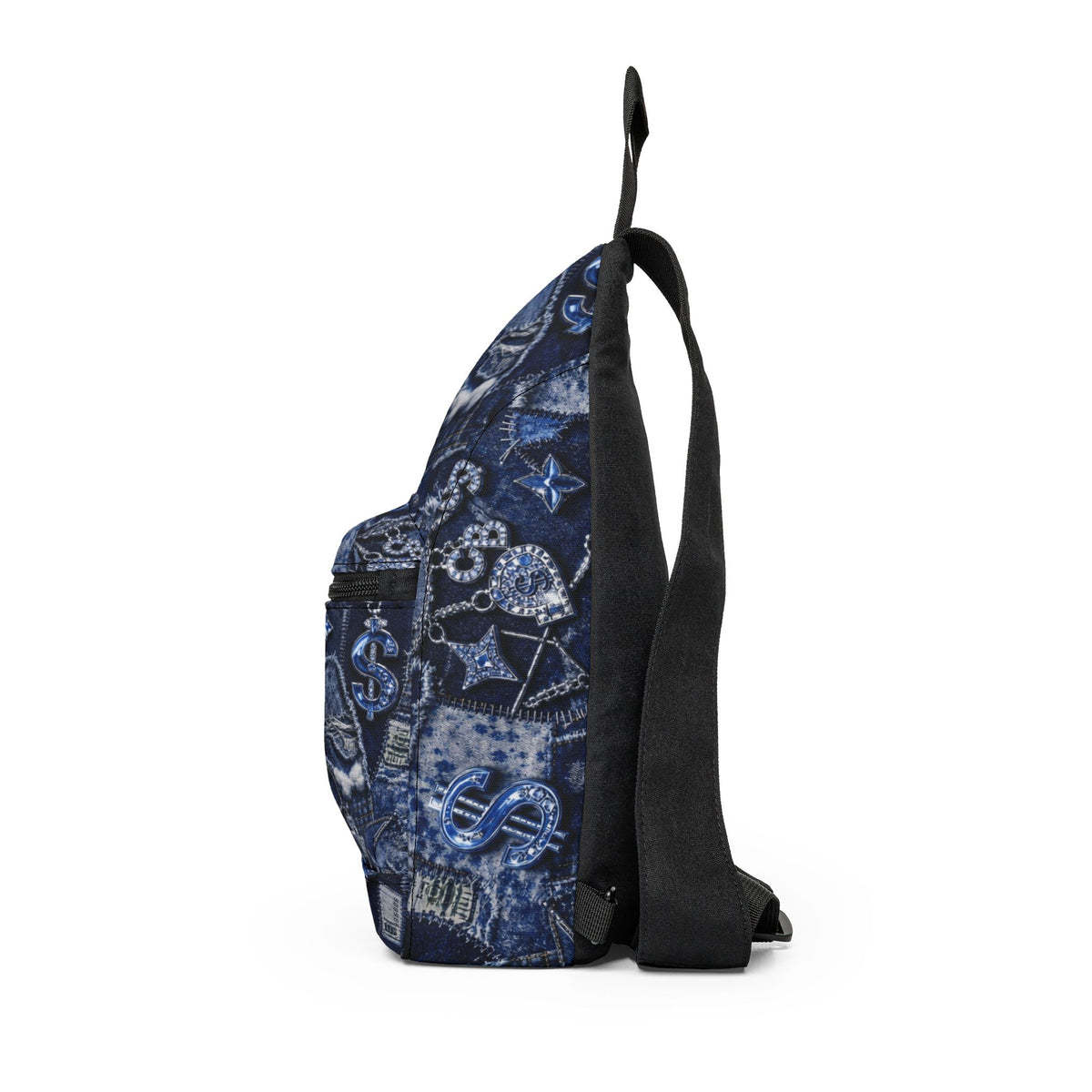 Denim Patchwork Sling Bag — Blue Urban Crossbody with Graphic Icons
