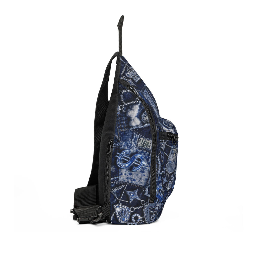 Denim Patchwork Sling Bag — Blue Urban Crossbody with Graphic Icons
