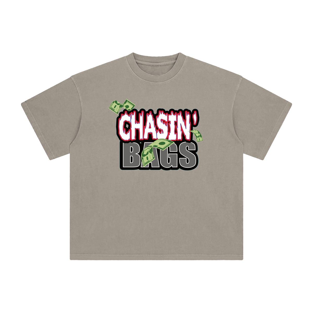 White and grey flame icon on Enzyme Washed T-Shirt