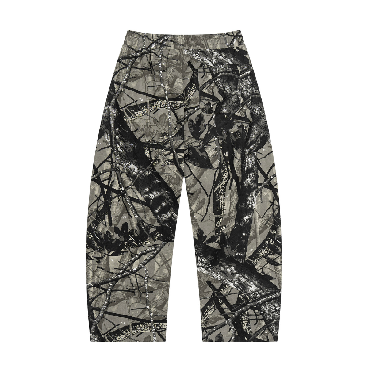 White and grey flame icon on Unisex Tree Camo Barrel Leg Pants