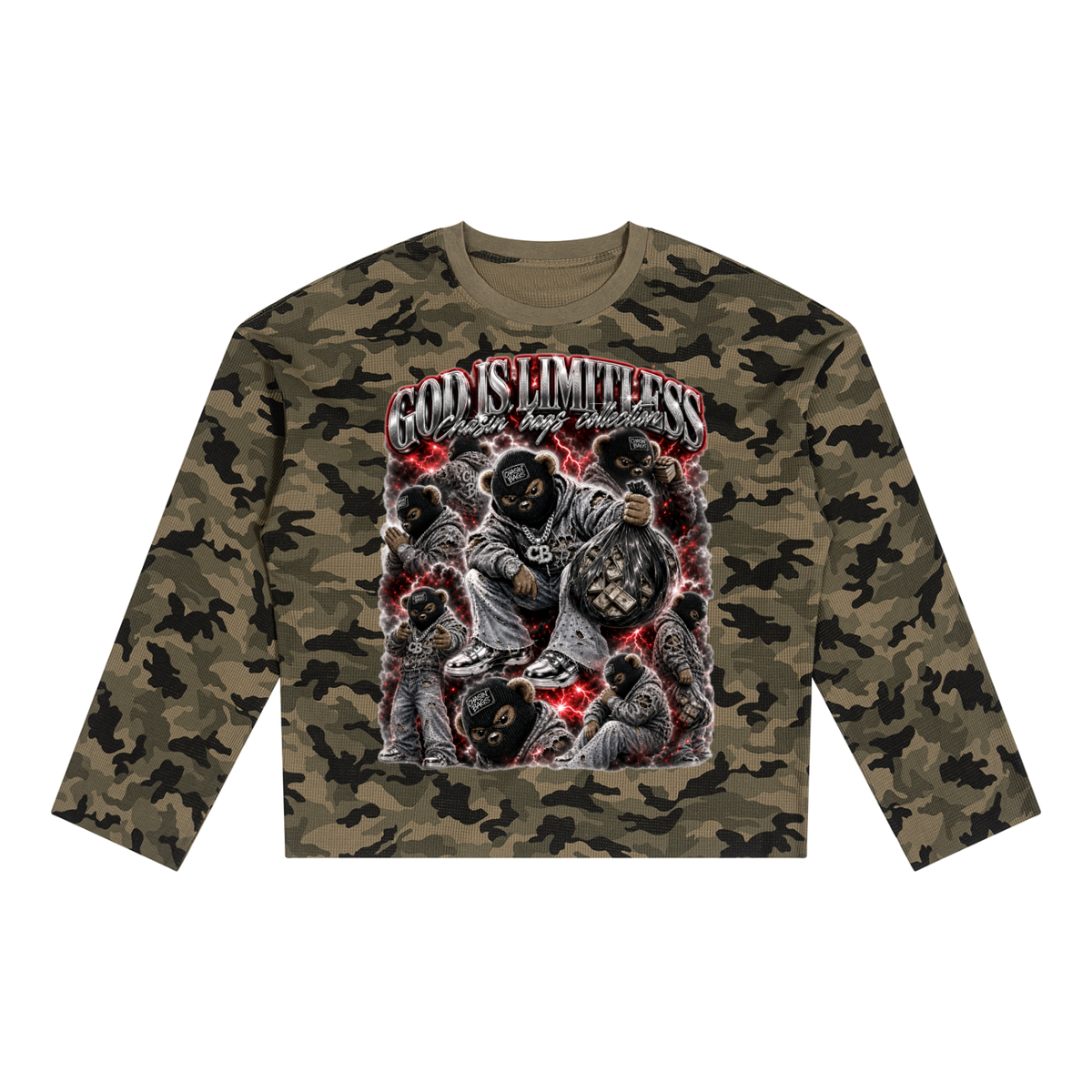 Beary Unisex Camo Waffle Raw Edge T-Shirt