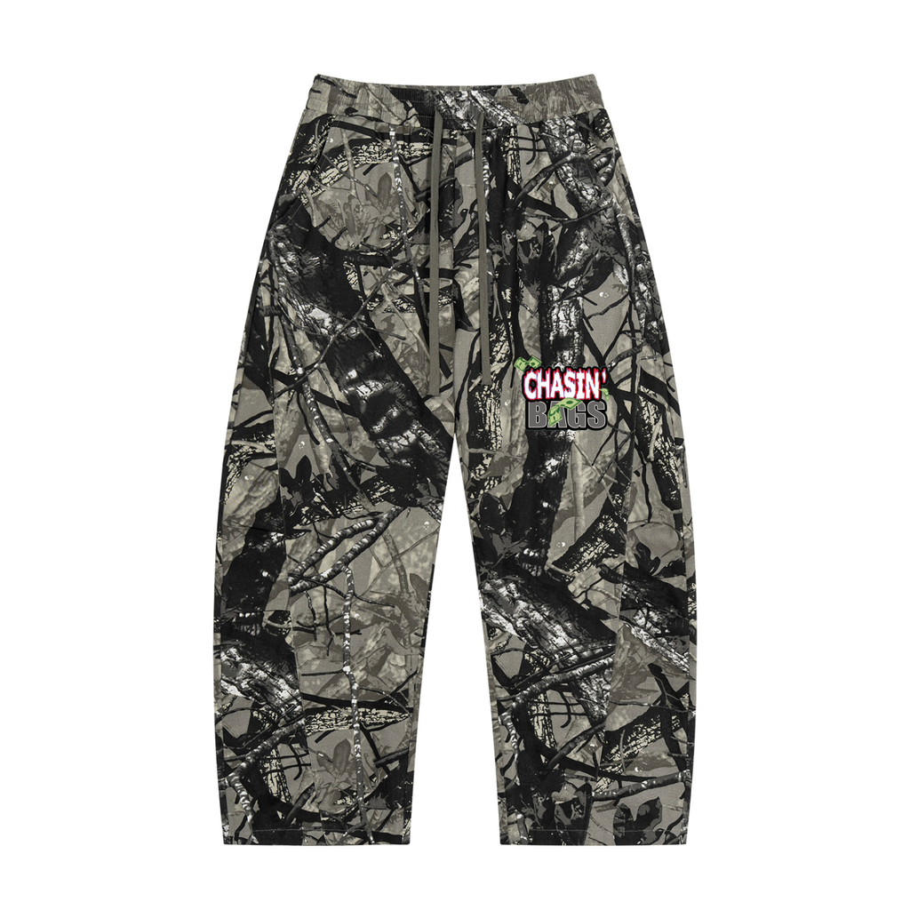 White and grey flame icon on Unisex Tree Camo Barrel Leg Pants