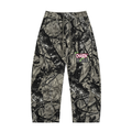 White and grey flame icon on Unisex Tree Camo Barrel Leg Pants