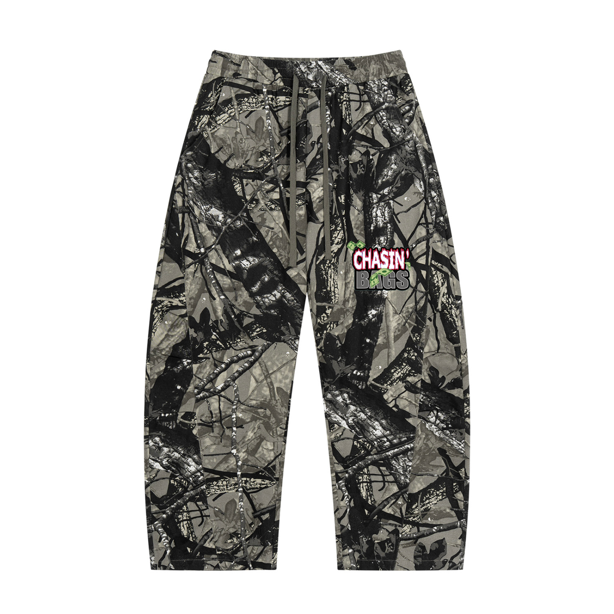 White and grey flame icon on Unisex Tree Camo Barrel Leg Pants