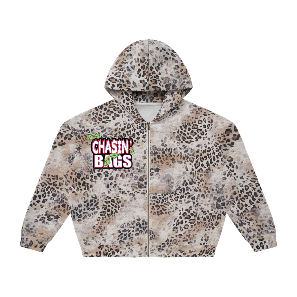 BEARY Unisex Vintage Wash Leopard Full Zip Hoodie