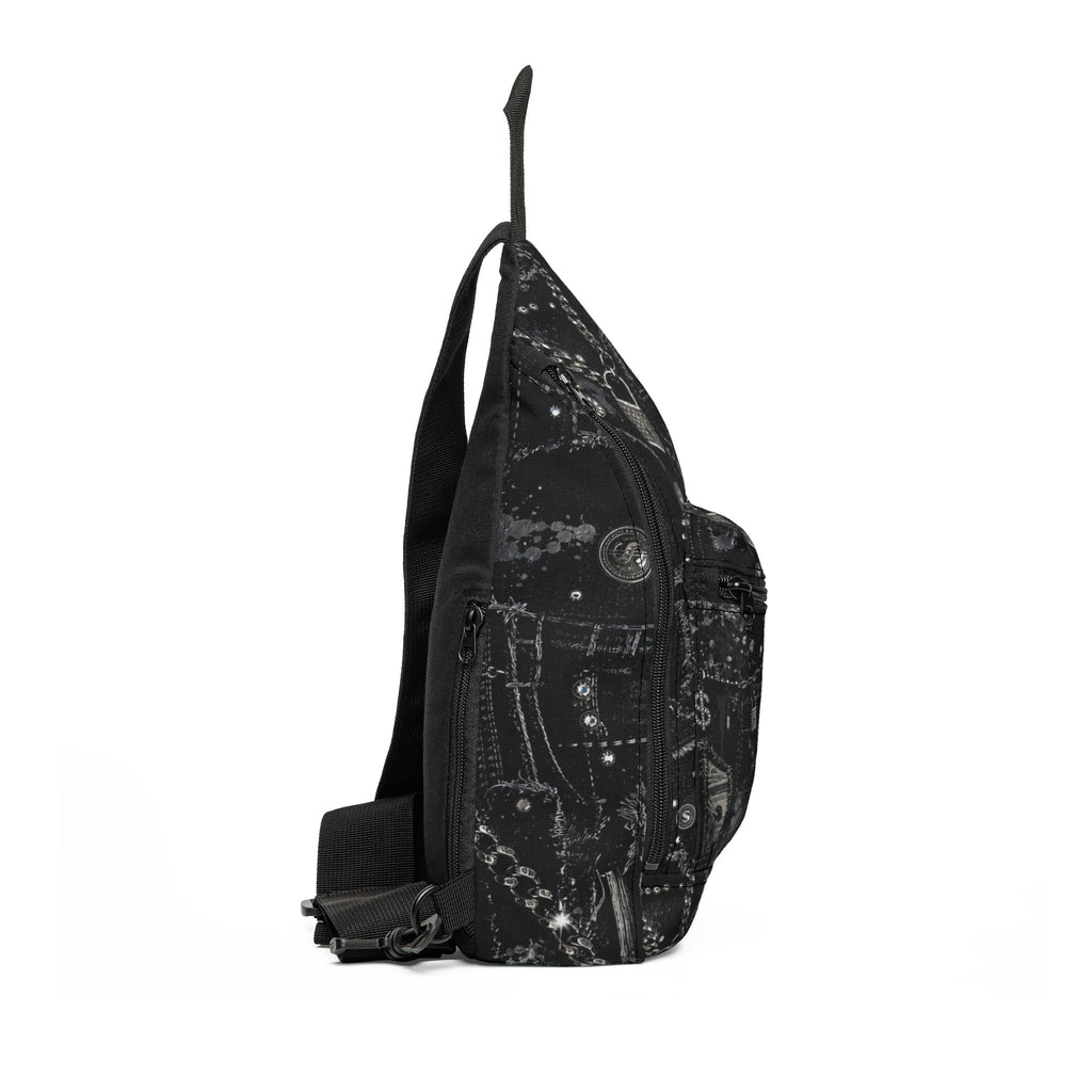 Black Grunge Accessories Sling Bag — Vintage Locks & Chains Crossbody Pack