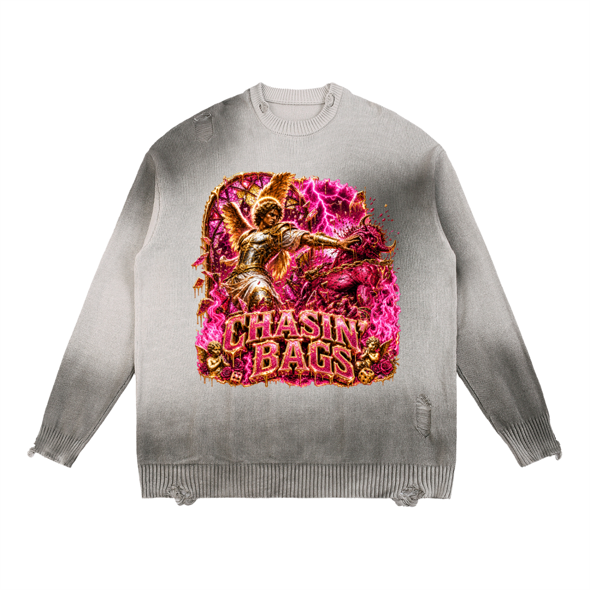 ANGELIC BATTLE ON Sun Fade Distressed Ripped Crewneck sweater