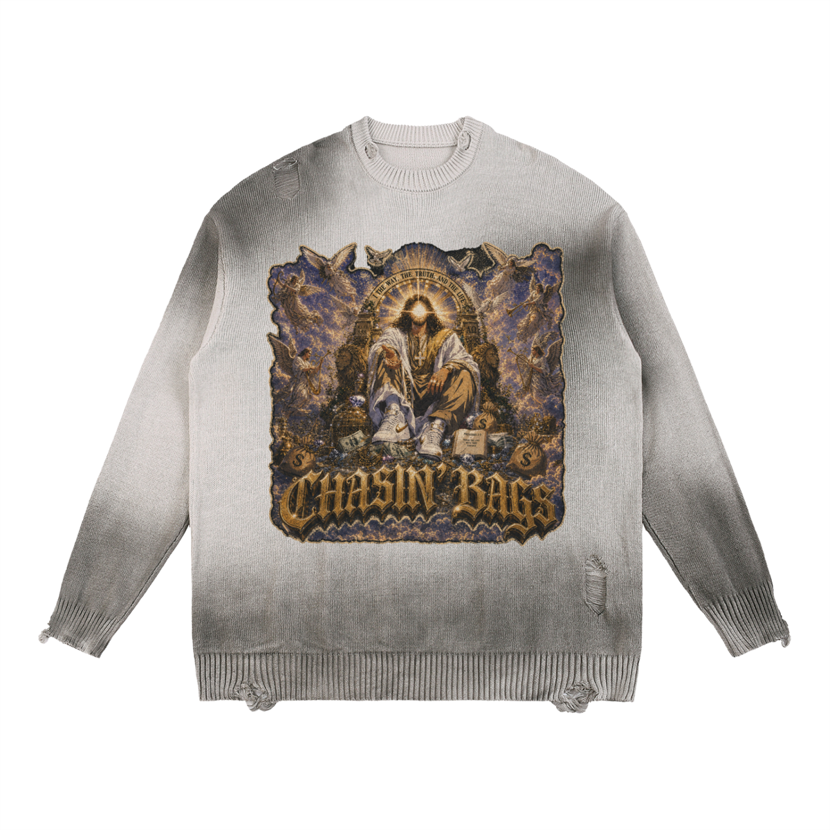 JESUS Sun Fade Distressed Ripped Crewneck sweater