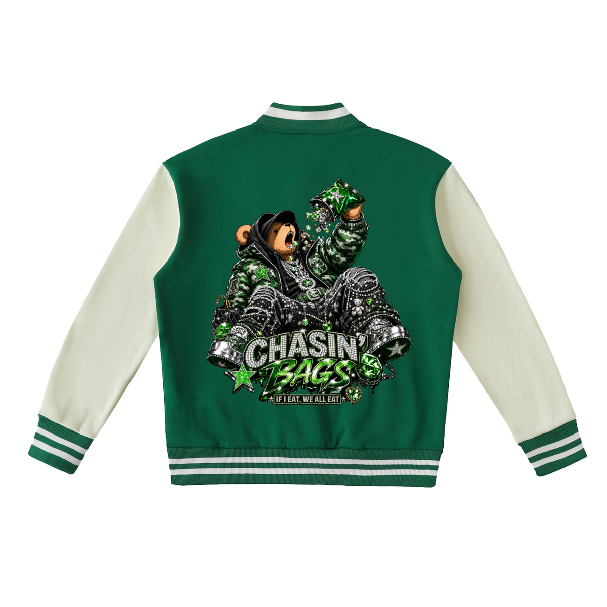CB BEARY EATING ON Two-Tone Fleeced Varsity Jacket