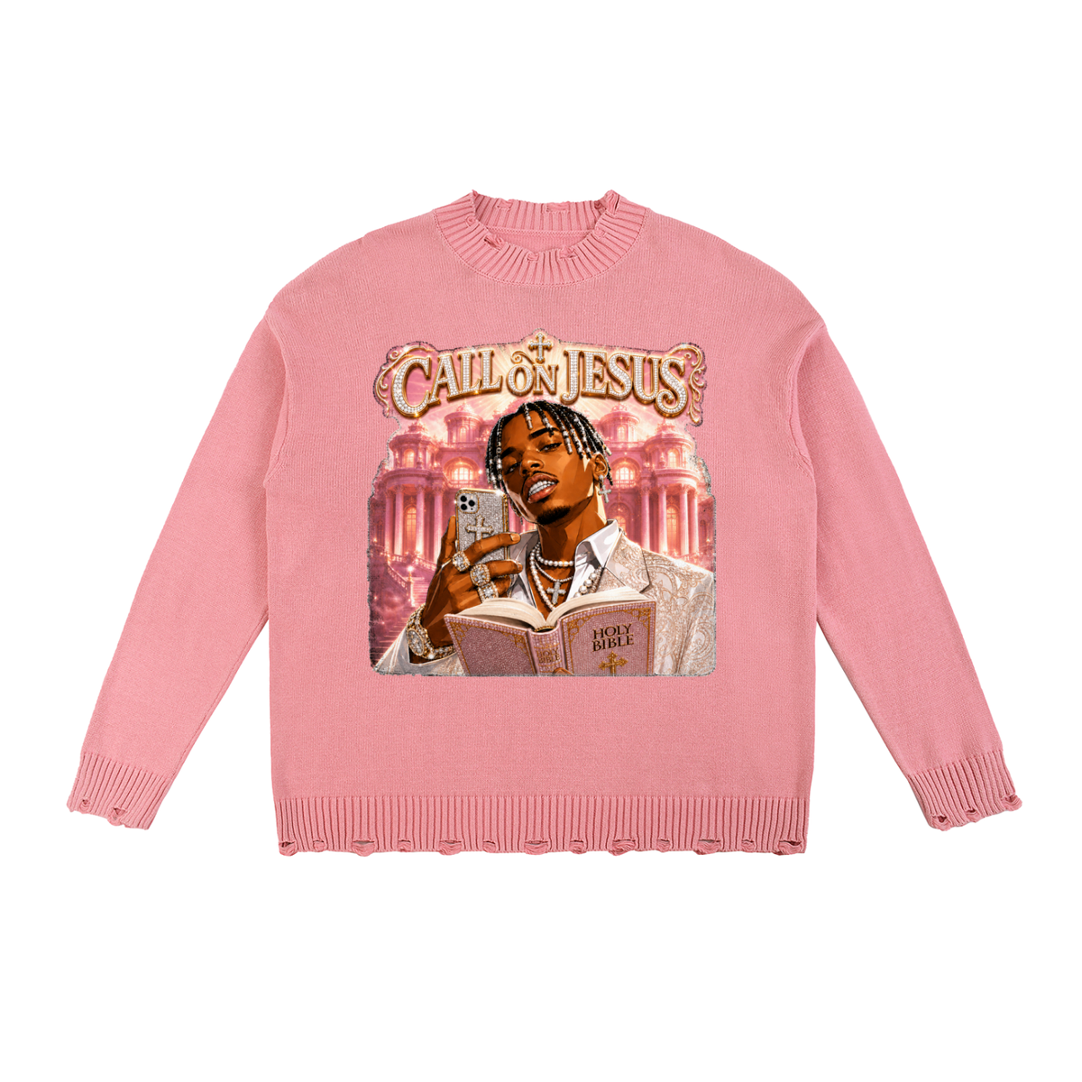PRAY PINK Vintage Washed Hand-Frayed Sweater
