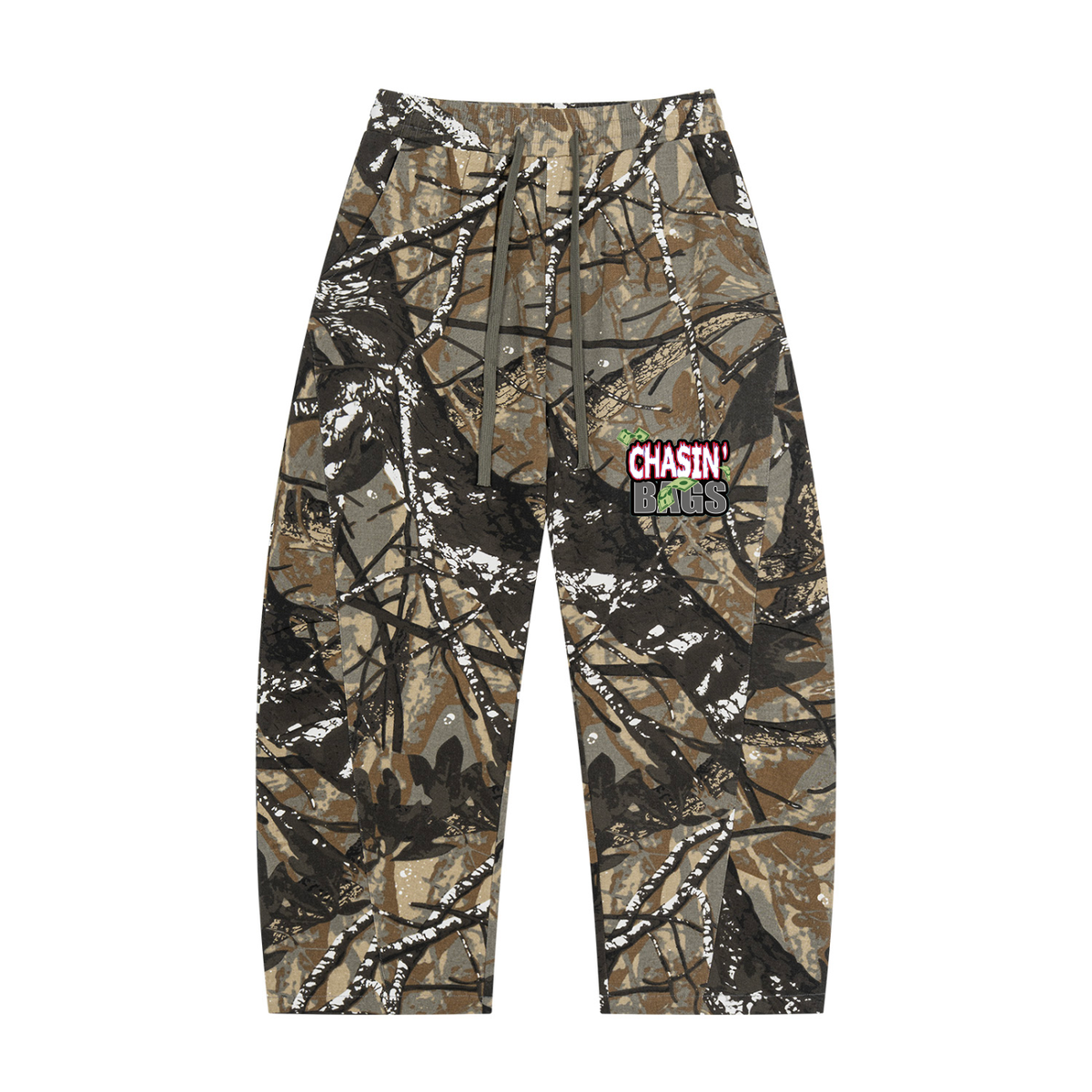 White and grey flame icon on Unisex Tree Camo Barrel Leg Pants