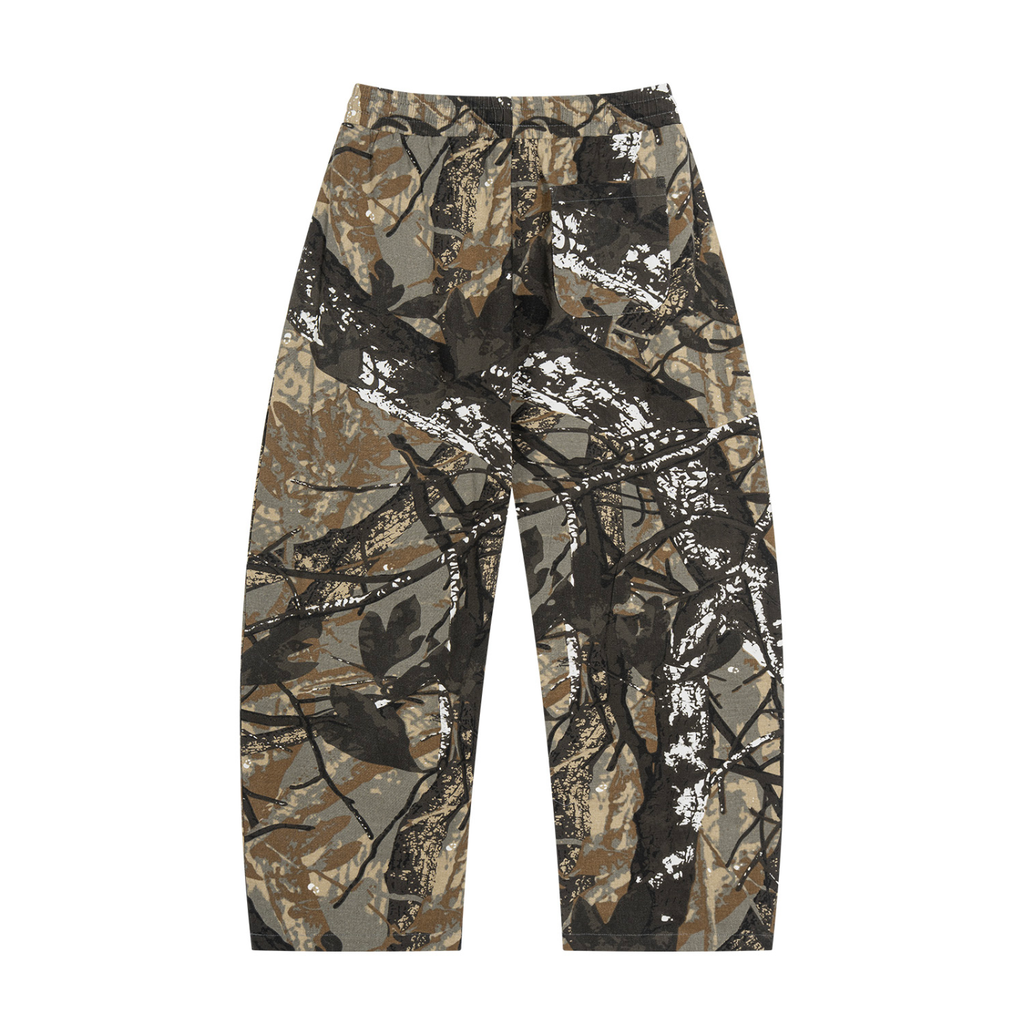 White and grey flame icon on Unisex Tree Camo Barrel Leg Pants
