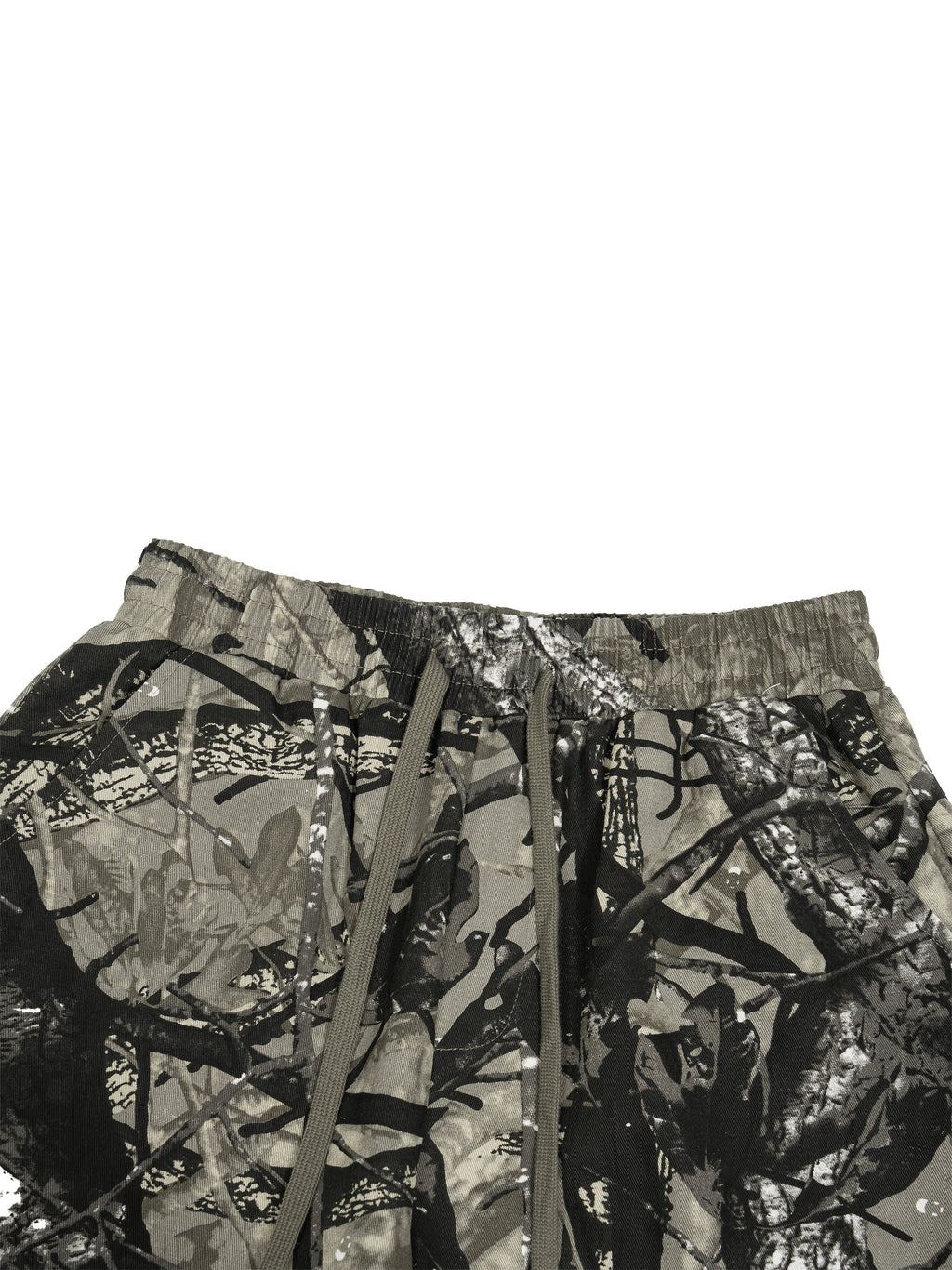 White and grey flame icon on Unisex Tree Camo Barrel Leg Pants