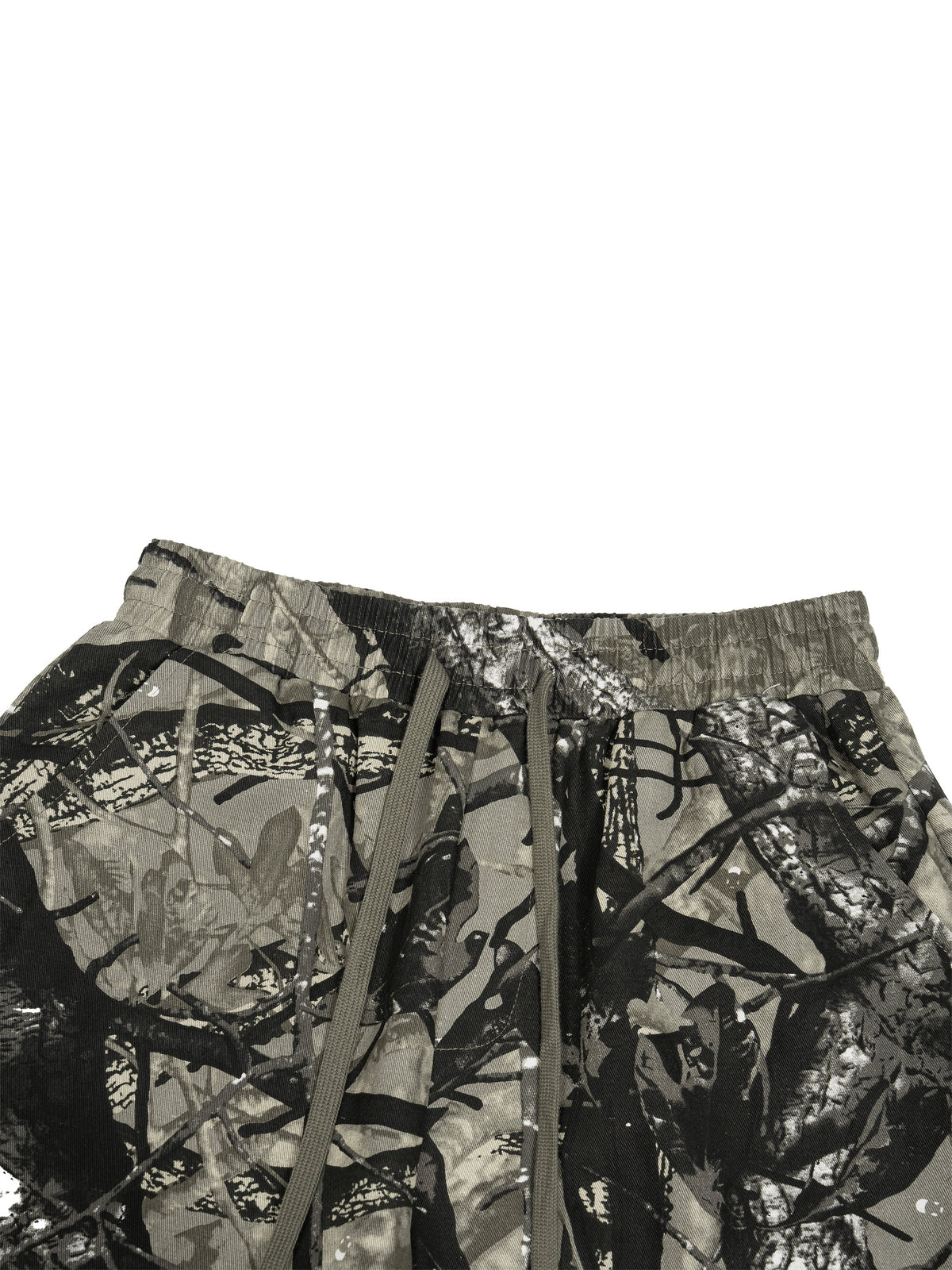 White and grey flame icon on Unisex Tree Camo Barrel Leg Pants