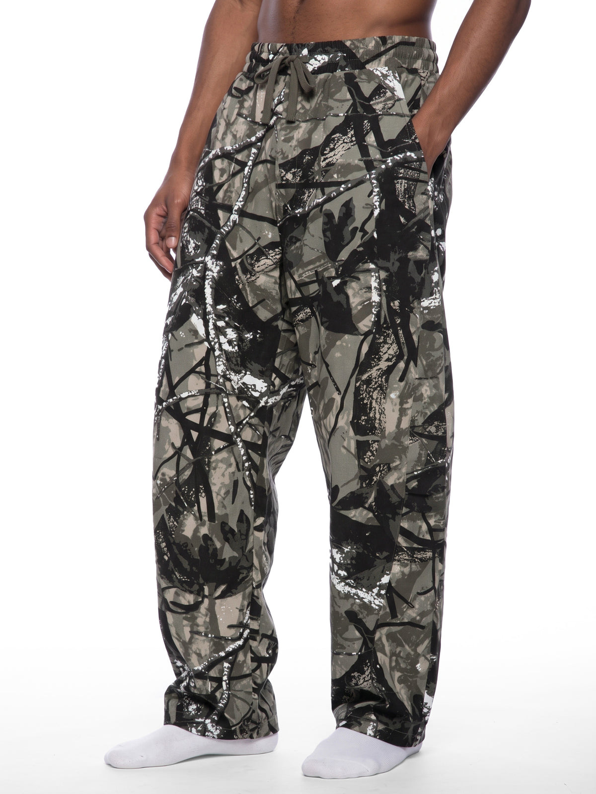 White and grey flame icon on Unisex Tree Camo Barrel Leg Pants