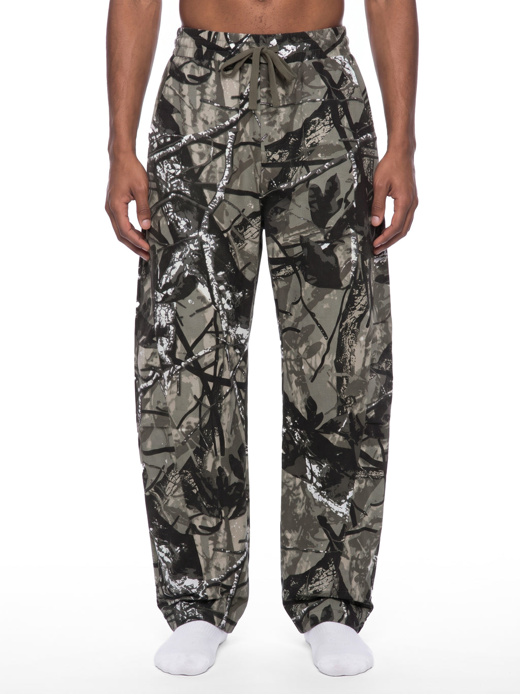 White and grey flame icon on Unisex Tree Camo Barrel Leg Pants