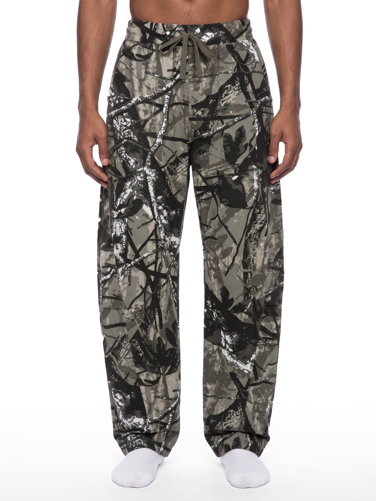 White and grey flame icon on Unisex Tree Camo Barrel Leg Pants