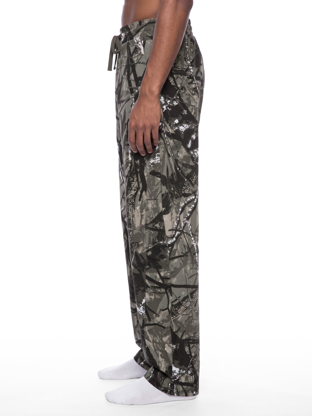 White and grey flame icon on Unisex Tree Camo Barrel Leg Pants