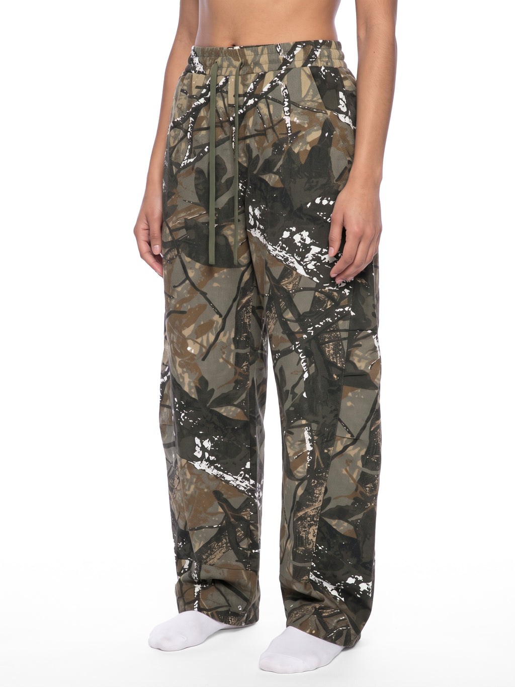 White and grey flame icon on Unisex Tree Camo Barrel Leg Pants